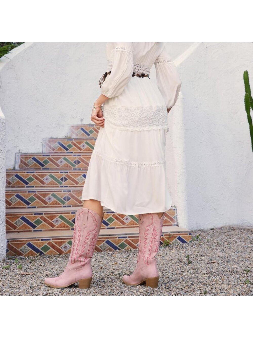 Women's Pink Cowboy Knee High Cowgirl Boots Pointed Toe Chunky Heels - Picture 6 of 6
